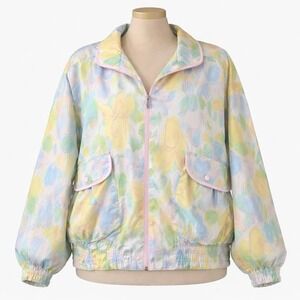 Vtg Watercolor Floral Windbreaker Bomber Jacket Pastel L 80s 90s Abstract Multi